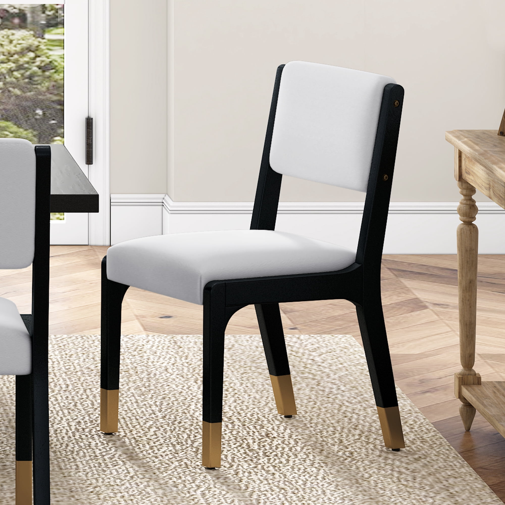 Euroco Wooden Dining Chairs Set of 2, Modern Farmhouse Fabric Upholstered Kitchen Side Chairs with Padded Seat for Dining Room,Black