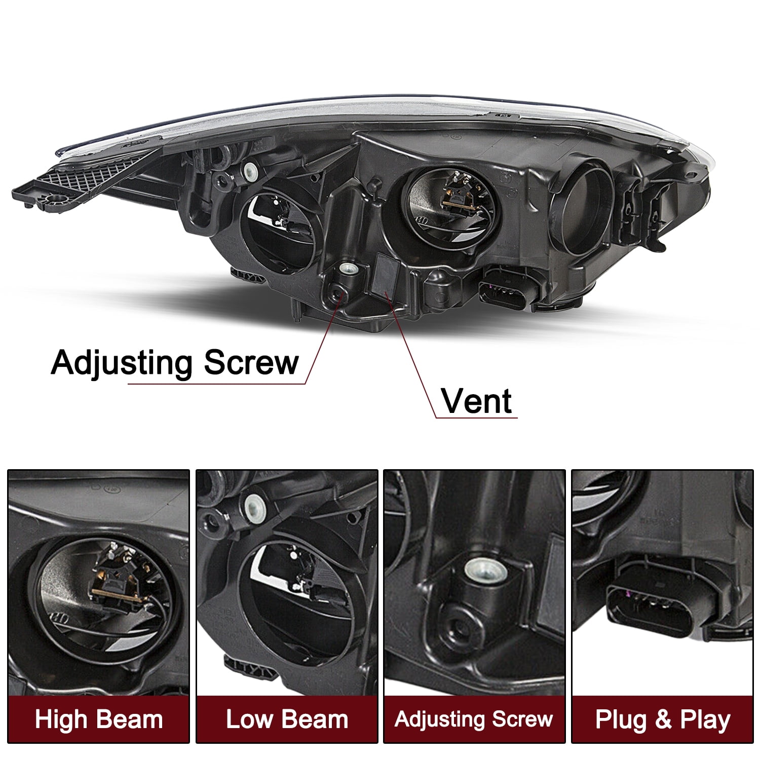 For 2012 2013 2014 Ford Focus Black Headlights Headlamps Assembly Pair w/ Bulbs