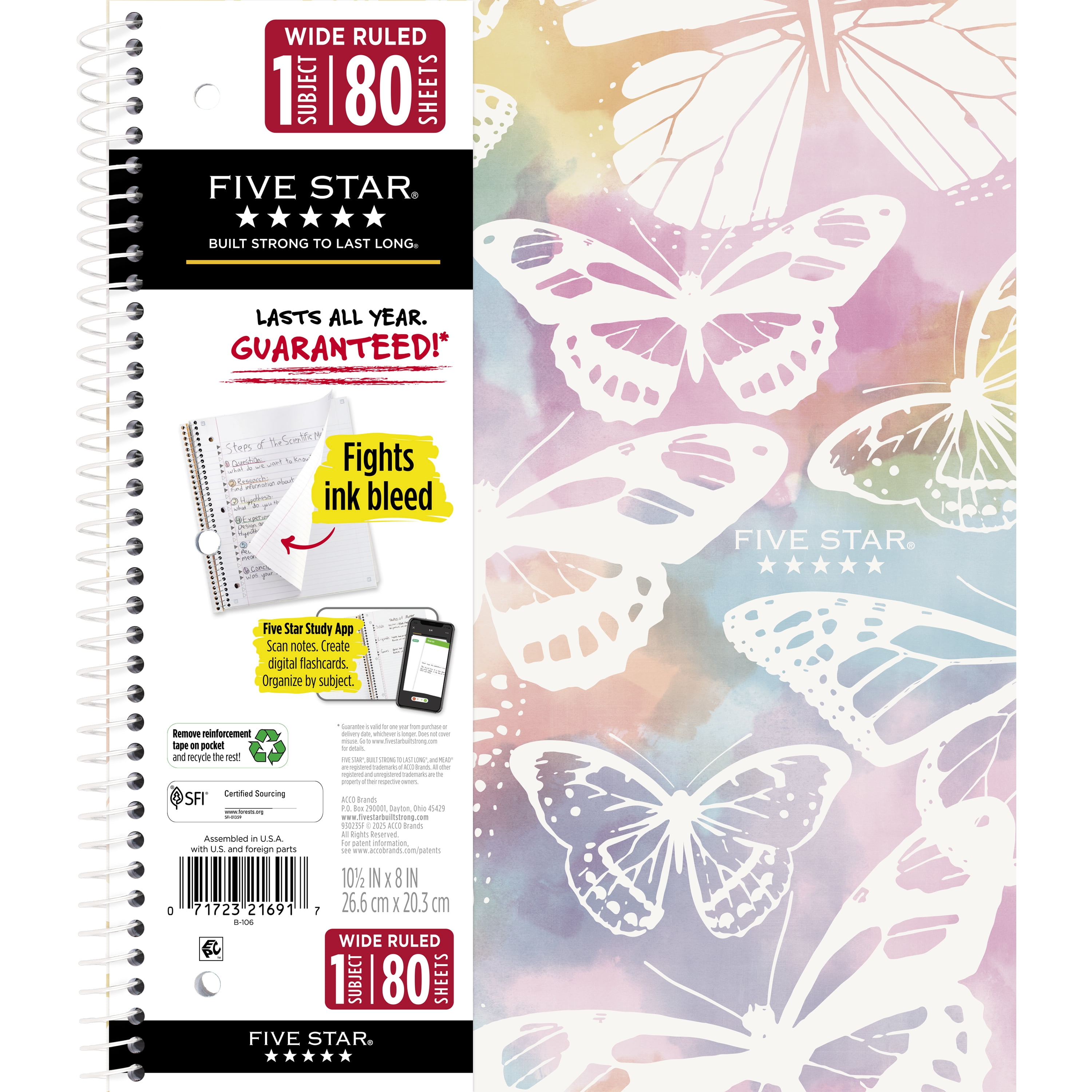 Five Star 1 Subject Wide Ruled Notebook Plus Study App, 8" x 10.5", Pastel Butterfly, Poly, Spiral, 80 Sheets