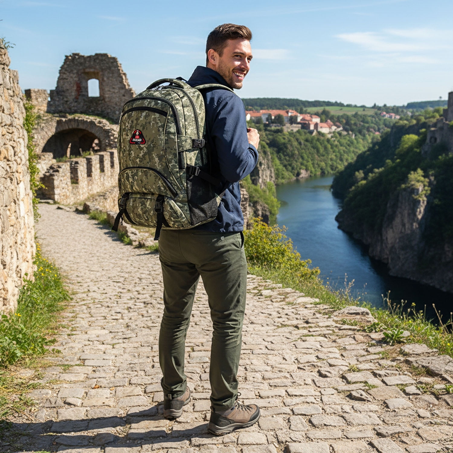 New York Xpress Camo Backpack for Adults 40L Multi-Pocket Backpack for Travel Work Hiking, Light Khaki - BP8023