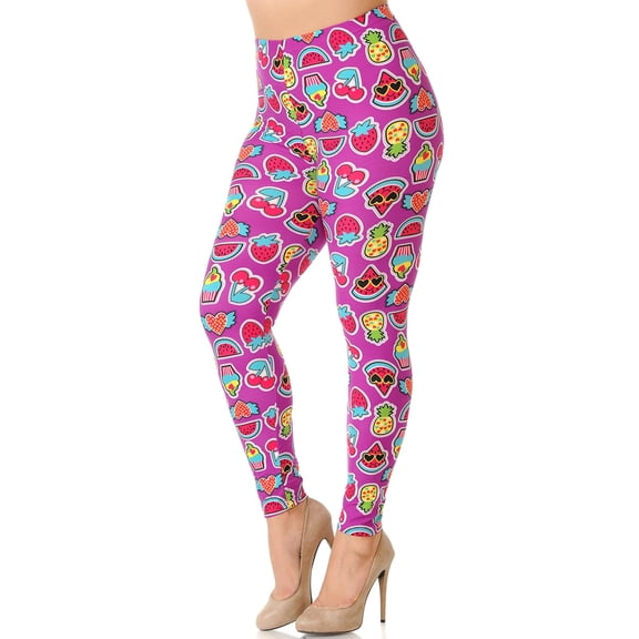 Buttery Soft Cartoon Fruit Plus Size Leggings - 3X-5X (One Size Plus,Fuchsia)