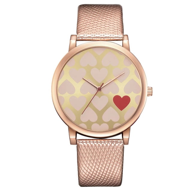 Reloj de cuarzo de cuero PU con esfera redonda y corazón amoroso informal a la moda para mujer, oro rosa