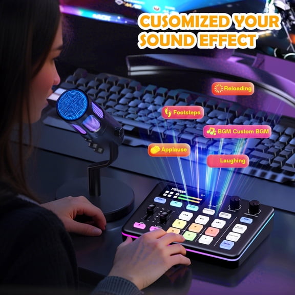 All-in-One Audio Mixer for Gamers & Streamers, Facmogu G9 Pro Sound Card Interface: XLR/3.5mm Input, Bluetooth 5.0, 48V Phantom Power, Voice Changer, RGB - Not for USB Mic