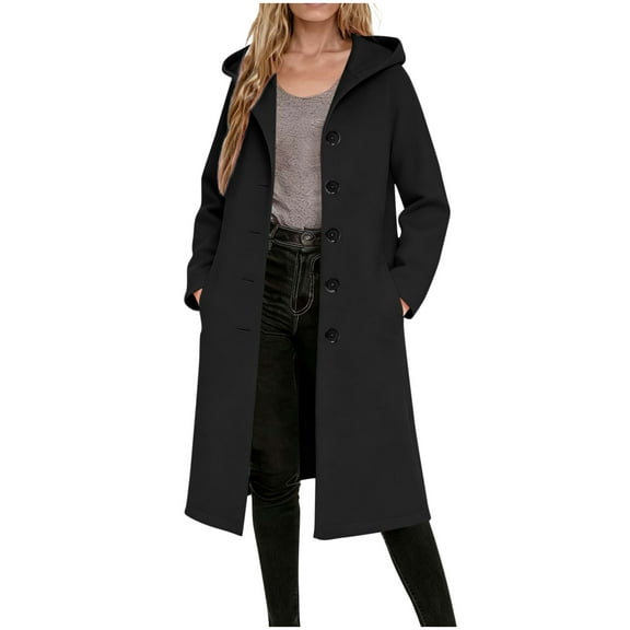 Wensltd Hooded Wool Coat for Women Winter Warm Button Pocket Loose Fit Casual Solid Color Daily Long Sleeve Outerwear
