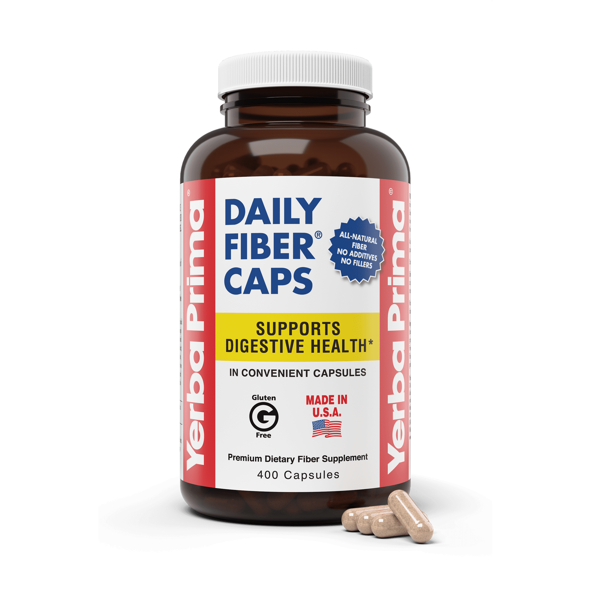 Yerba Prima Daily Fiber Caps Formula, 400 Capsules - Both Soluble and Insoluble - with Psyllium Seed Husks, Acacia Gum, Apple Fiber and More
