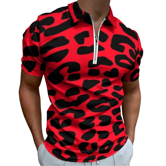 Red And Black Leopard Print Men Zipper T-shirt Summer Casual Short Sleeve T-shirt Top