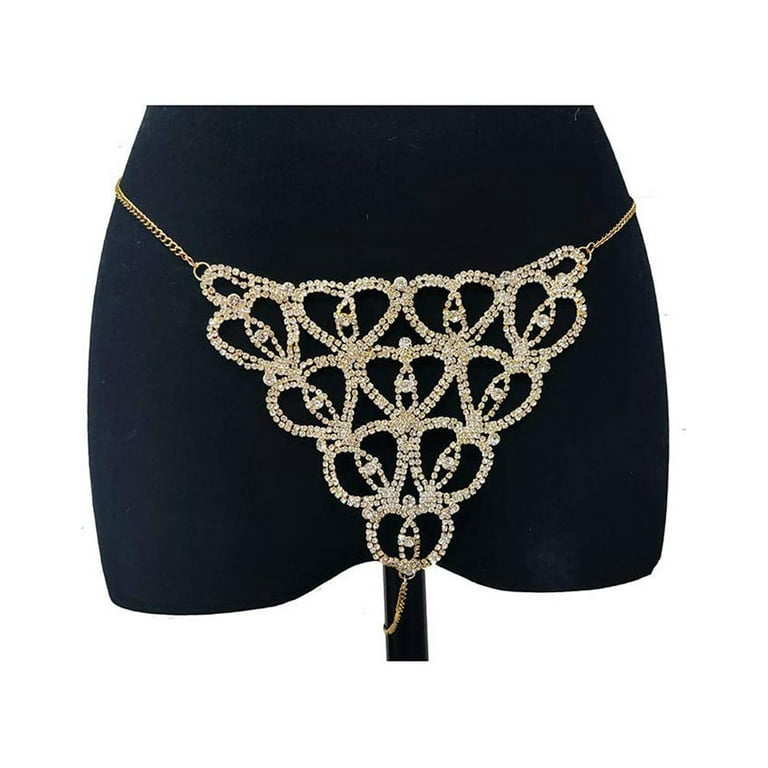 Women Sexy Rhinstone Underwear Body Chain Crystal G-String Belly Waist  Chain Shinny Mini Thong Night Jewelry Sparkly Panties (Heart Pattern) 
