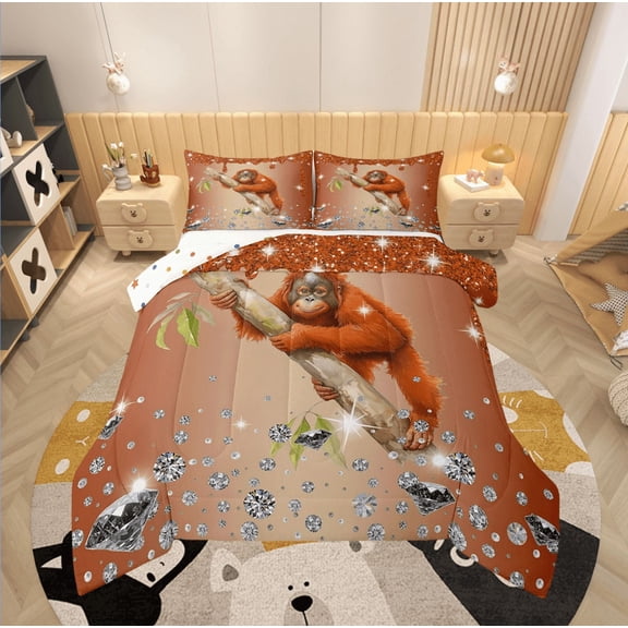 Gorilla Comforter Set Orange Sequin Fluid Art Down Comforter,Crystal Diamond Twin Bedding Sets,Woodland Animals Duvet Insert Jungle Wildlife Room Decor