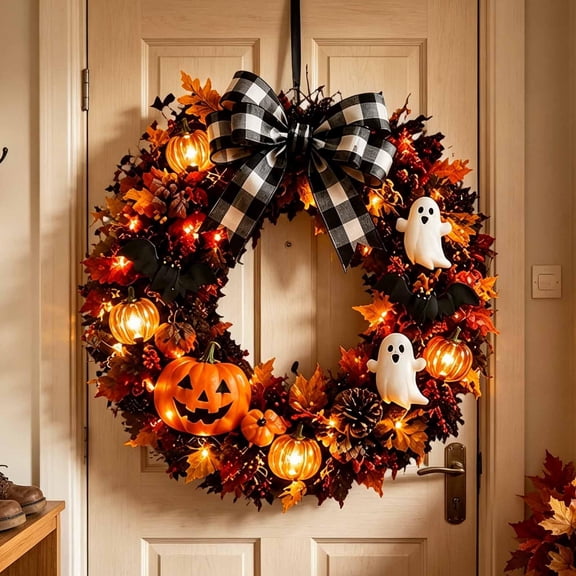Pumpkin Lantern Wreath 14.17 Inch Jack O Lantern Ghost Door Hanging for Autumn Festival Halloween Thanksgiving Scene Indoor Decoration