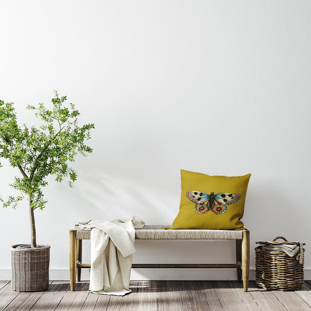 Simply Daisy 18-inch Square Brush foot Butterfly Poly Throw Pillow, Mustard Yellow Qty 1