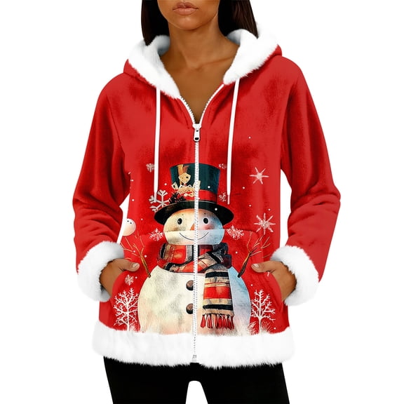 Women's Casual Fashion Long-Sleeve Zip-Up Fleece Hooded Cardigan with Christmas Print, Cozy and Warm for Winter Season,Red,S
