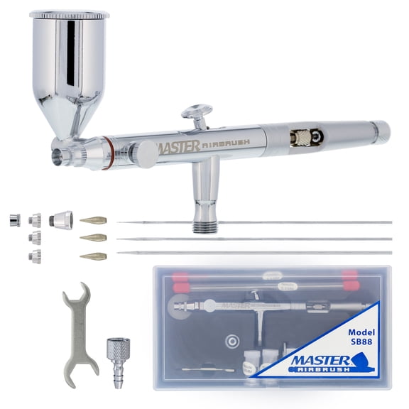 Master Airbrush SB88 Pro Set Dual-Action Side Feed Airbrush Kit with 3 Nozzle Sets (0.3, 0.5 & 0.8mm Needles, Fluid Tips and Air Caps), 1/2 oz. Gravity Cup, How To Guide - Spray Auto, Art, Hobby