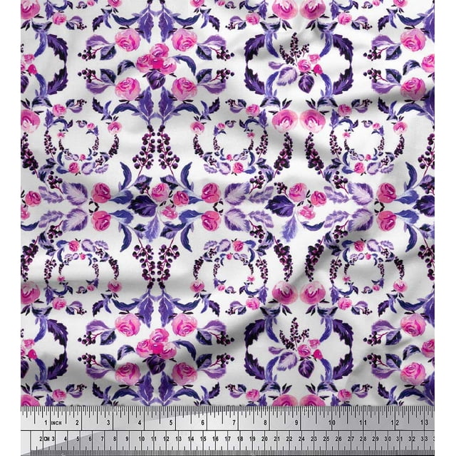 Soimoi Polyester Crepe Fabric Wreath,Leaves & Rose Flower Printed Fabric 1 Yard 52 Inch Wide