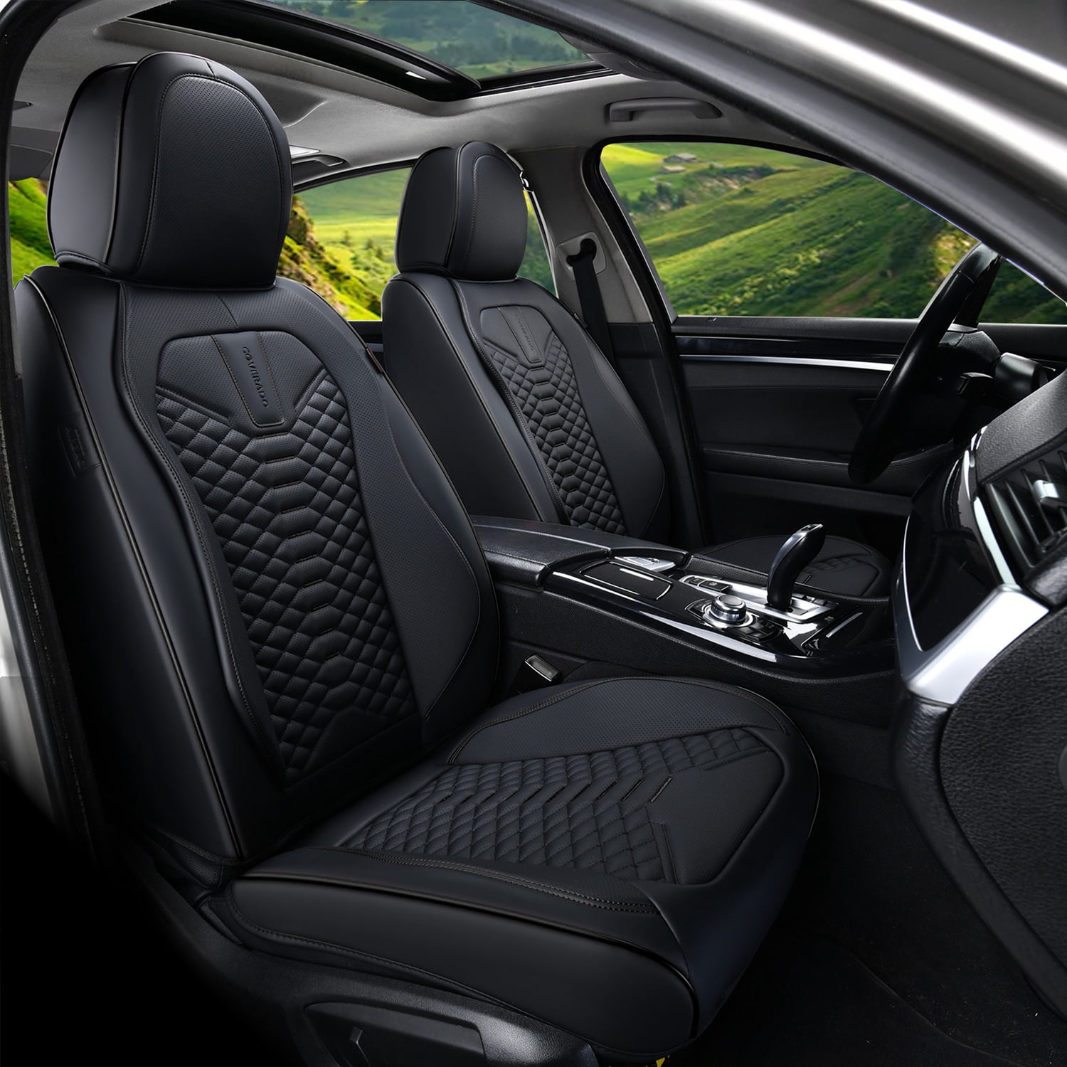 Coverado Black Car Seat Covers Full Set, Premium Leather Front and Rear Split Bench Cover, Automotive Seat Protectors Universal Fit for Most Cars, SUVs and Trucks