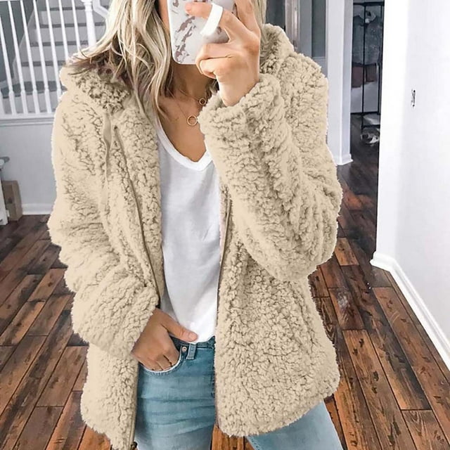 Meichang Vestes Sherpa pour Femmes à Col Rabattu Manches Longues Zip Manteaux à Capuche Manteaux en Peluche Mode Décontractée Cardigan Chaud d'Hiver
