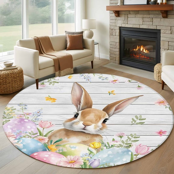 Round Rugs 6Ft, Easter Round Area Rug Washable Indoor Throw Carpet, Rustic Spring Bunny Eggs Botanical Grey Wooden Soft Non Slip Circle Rug for Office Cabinet Home Decor Aesthetic
