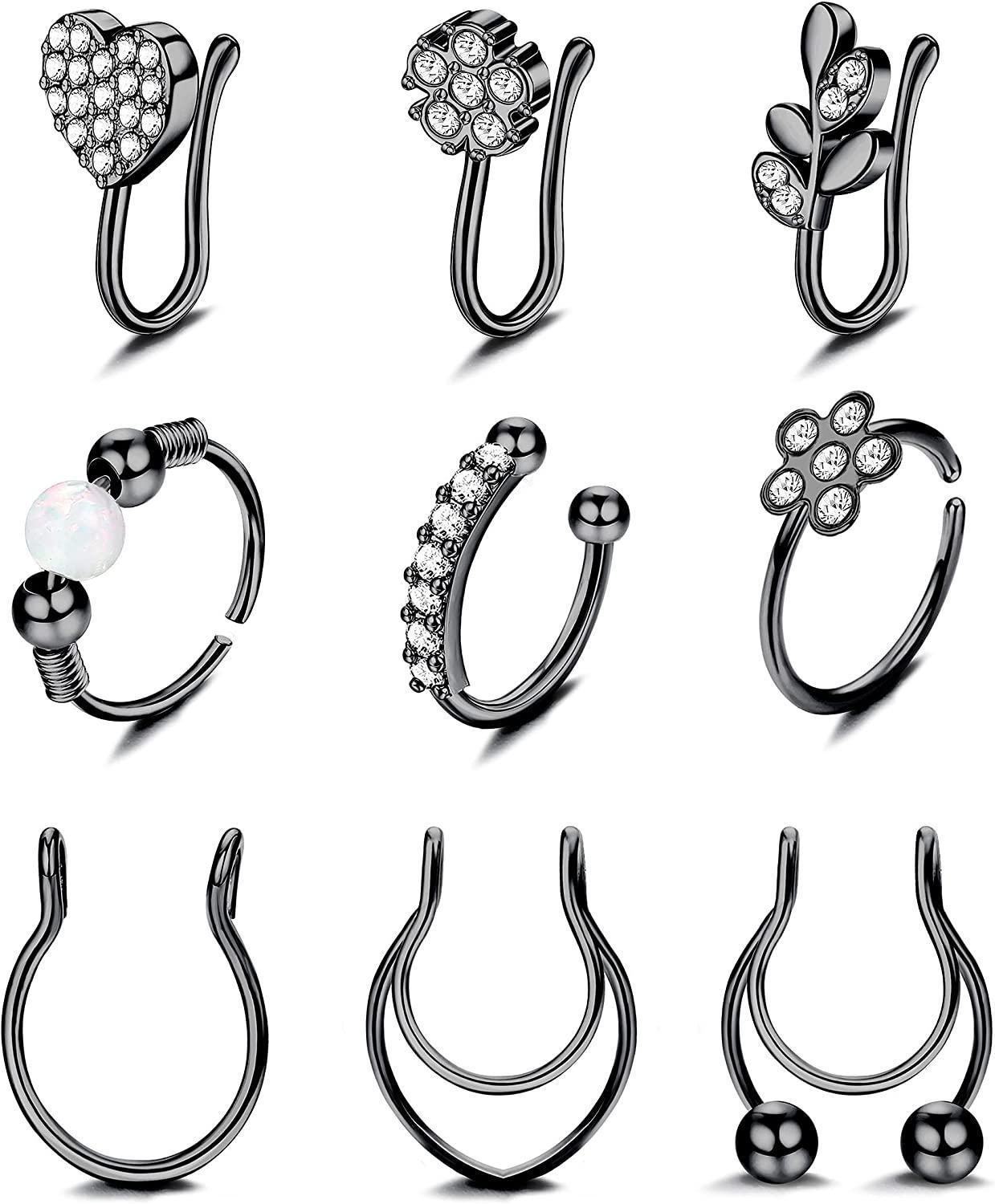 9Pcs Fake Nose Rings Stainless Faux Nose Ring Hoop Inlaid CZ for Women