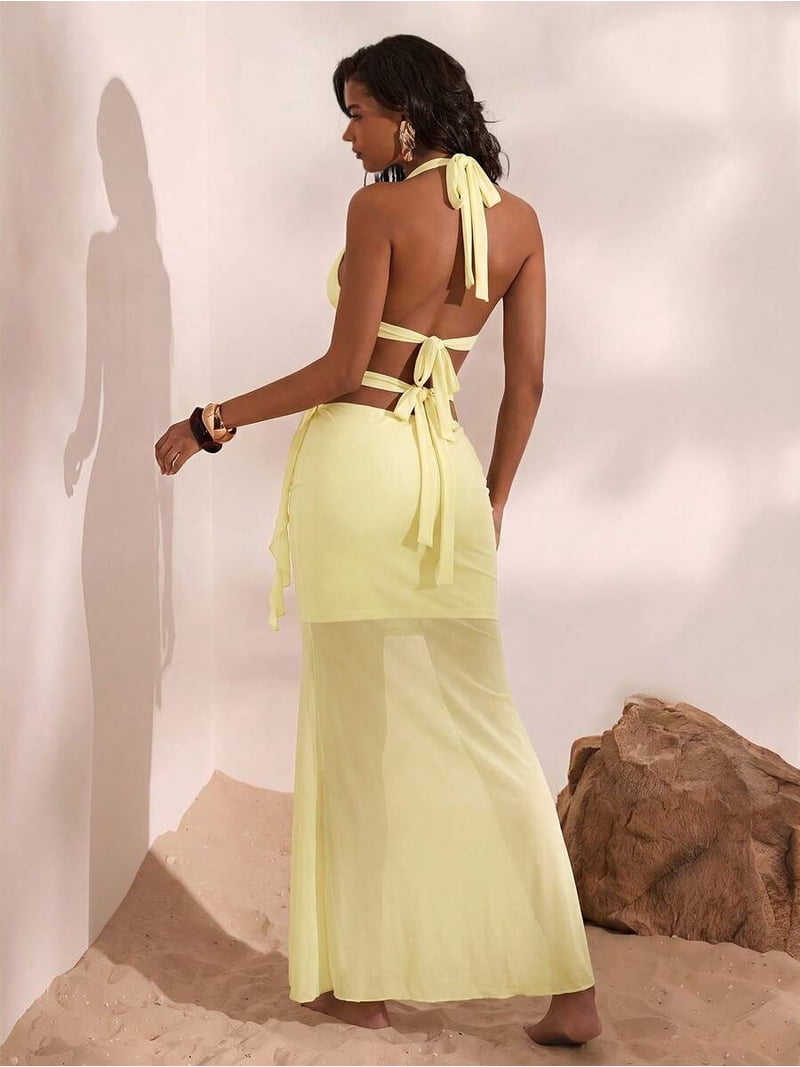 wrap halter maxi dress Light Yellow Criss-Cross Sleeveless Mermaid rucheddresses