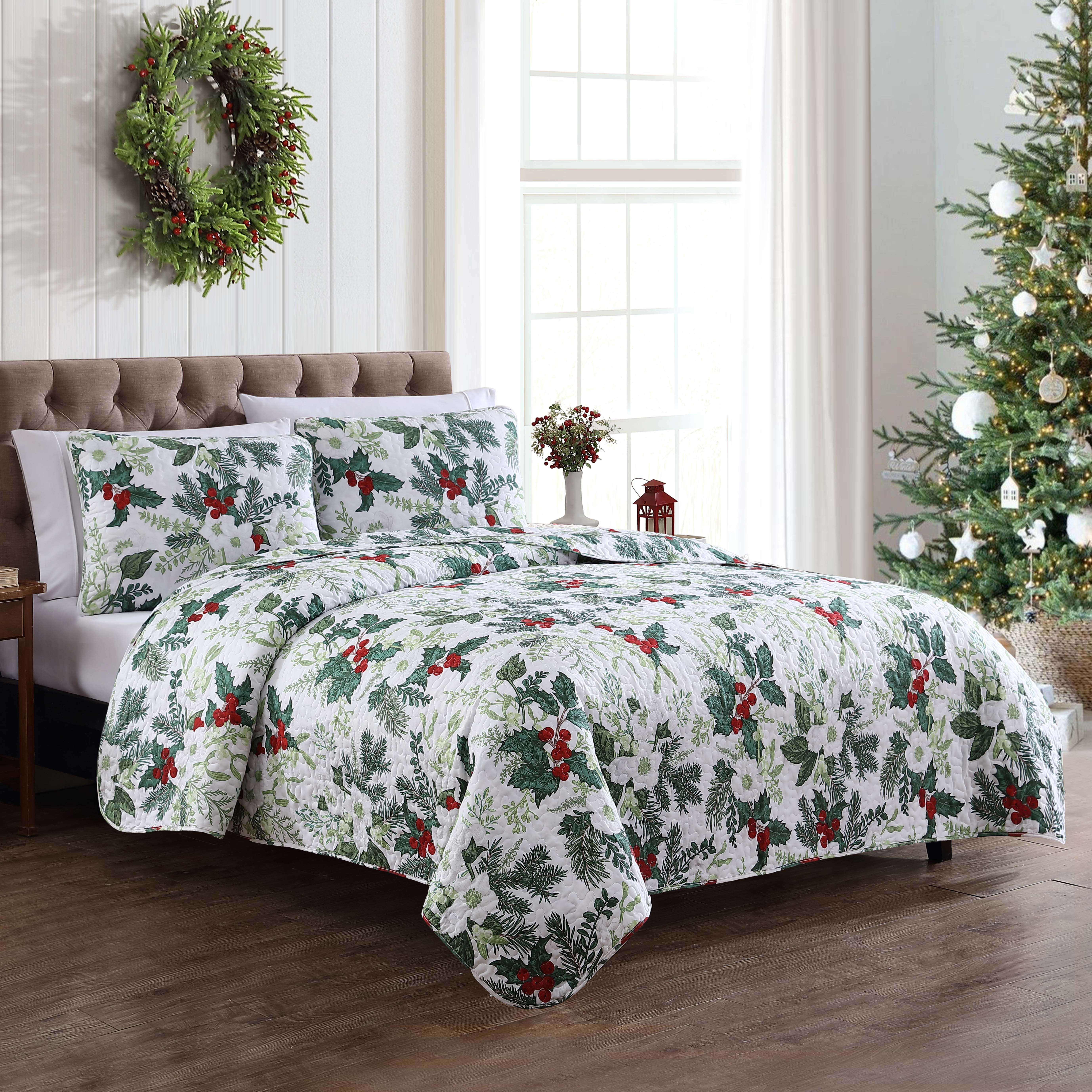 Beatrice Home Fashions, Holiday 3PC Quilt Set, King, Green Bouquet