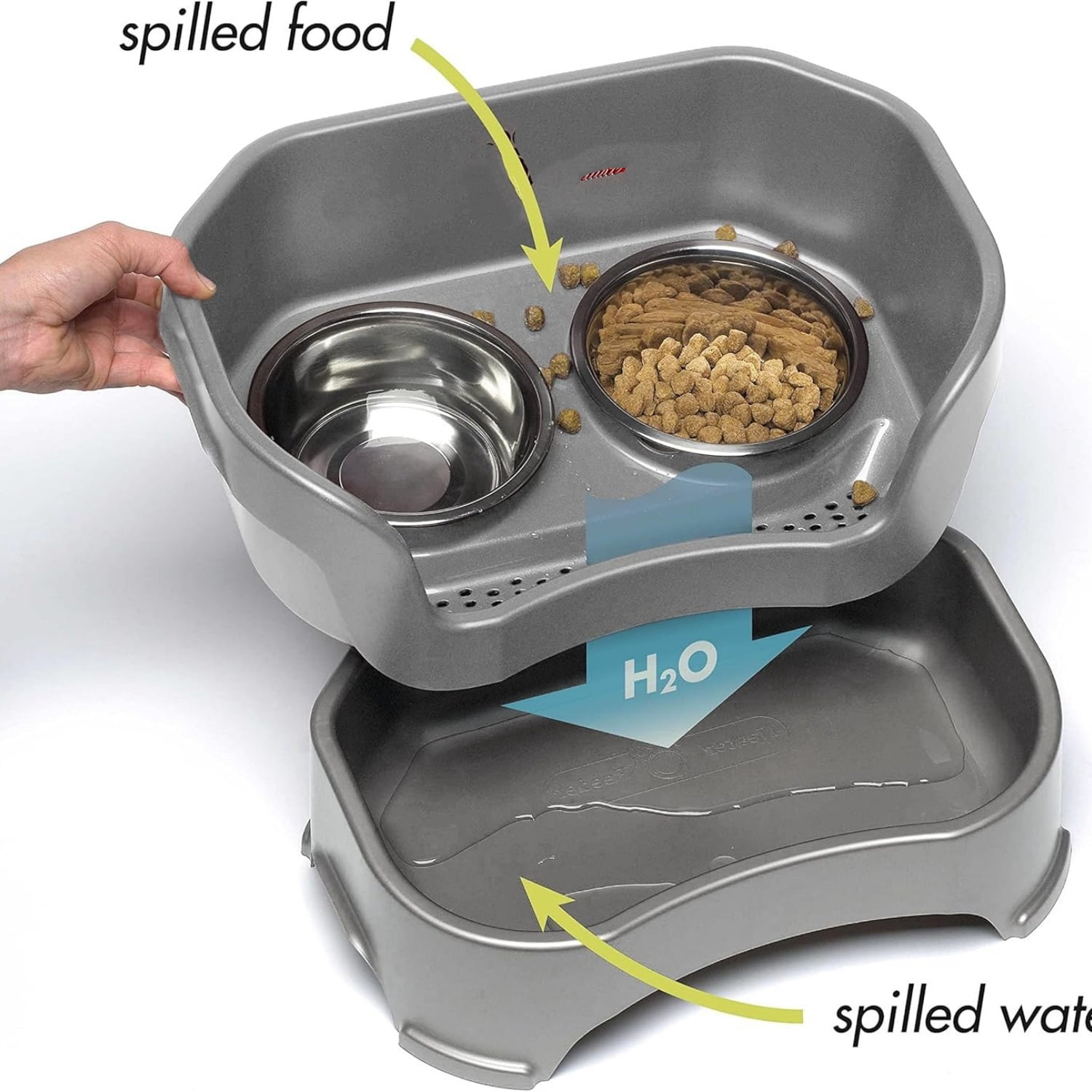 Deluxe Mess Proof Dog Bowls Elevated for Large Breeds – No Spill Raised Slow Feeder Elevated Dog Bowl Stand, Stainless Steel Food and Water Bowl Set, Grey