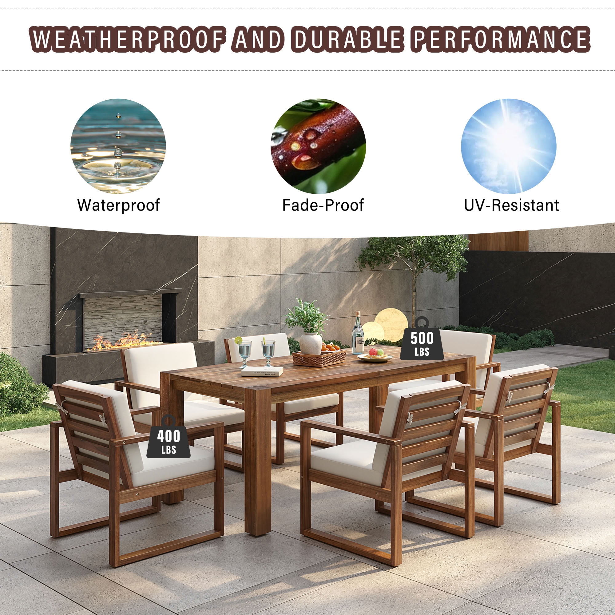 MAYEERTY 7 Piece Patio Table and Chairs Set, Outdoor Wood Furniture Set for 6 with Removable Cushion & Umbrella Hole, for Garden