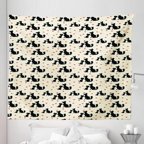 Feminine Tapestry, Dog Cat Silhouettes Romantic Hearts Domestic Animals Pet Love, Fabric Wall Hanging Decor for Bedroom Living Room Dorm, 5 Sizes, Beige Black Red, by Ambesonne