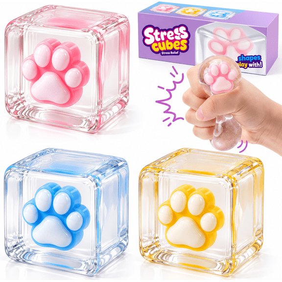 Joyfy 3PCS Cat Paw Cube Squishy Toys, 2.2 Inch Squeeze Stress Relief Toys for Adults, Slow Rising Fidget Sensory Toys for Party Favors, Birthday & Christmas
