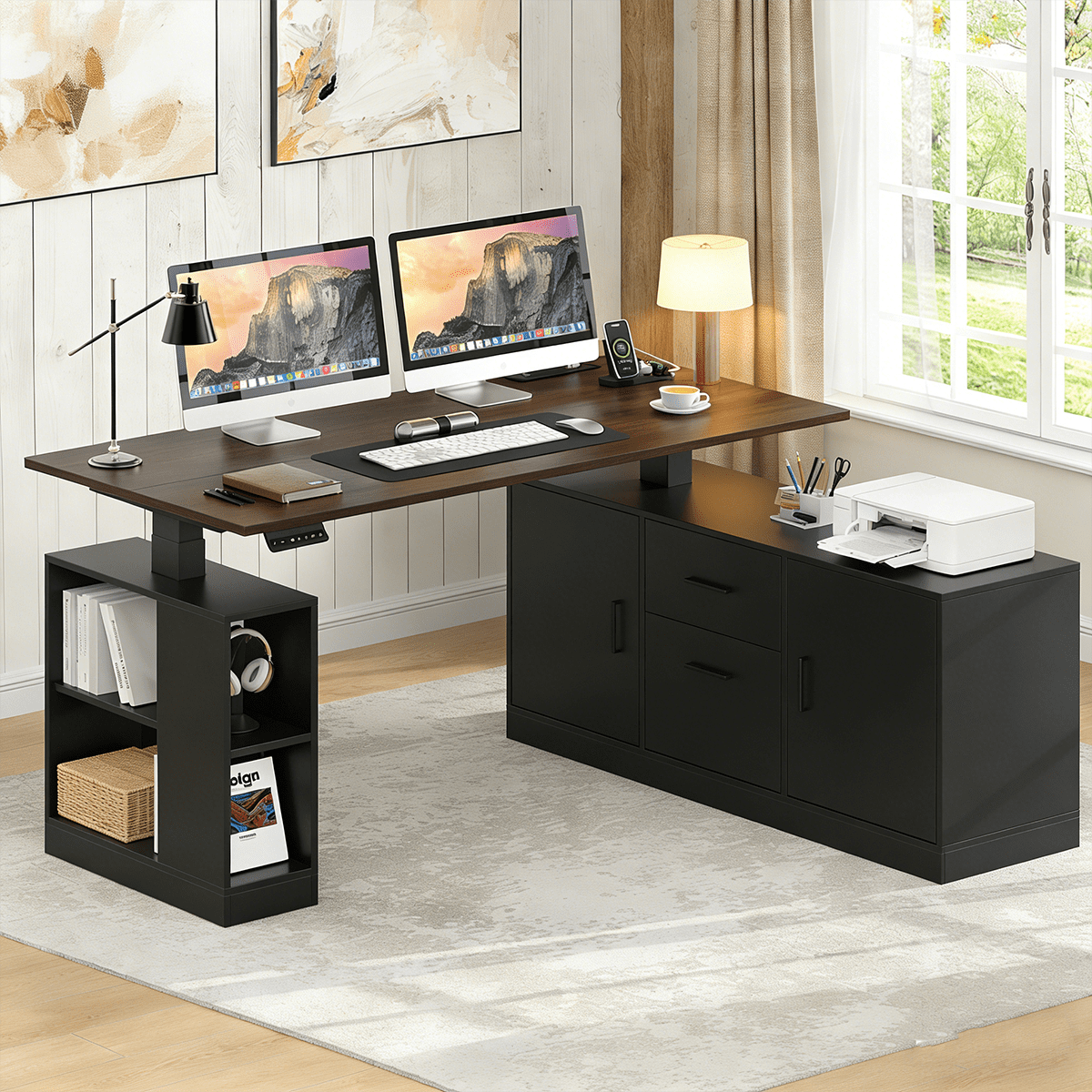 Frmobepts L-Shaped Executive Standing Desk with File Cabinet, 55" x 23.6" Electric Height Adjustable Stand up Desk, One-Whole Piece Desktop, Home Office Modern Computer Desk with 3 Memory Presets