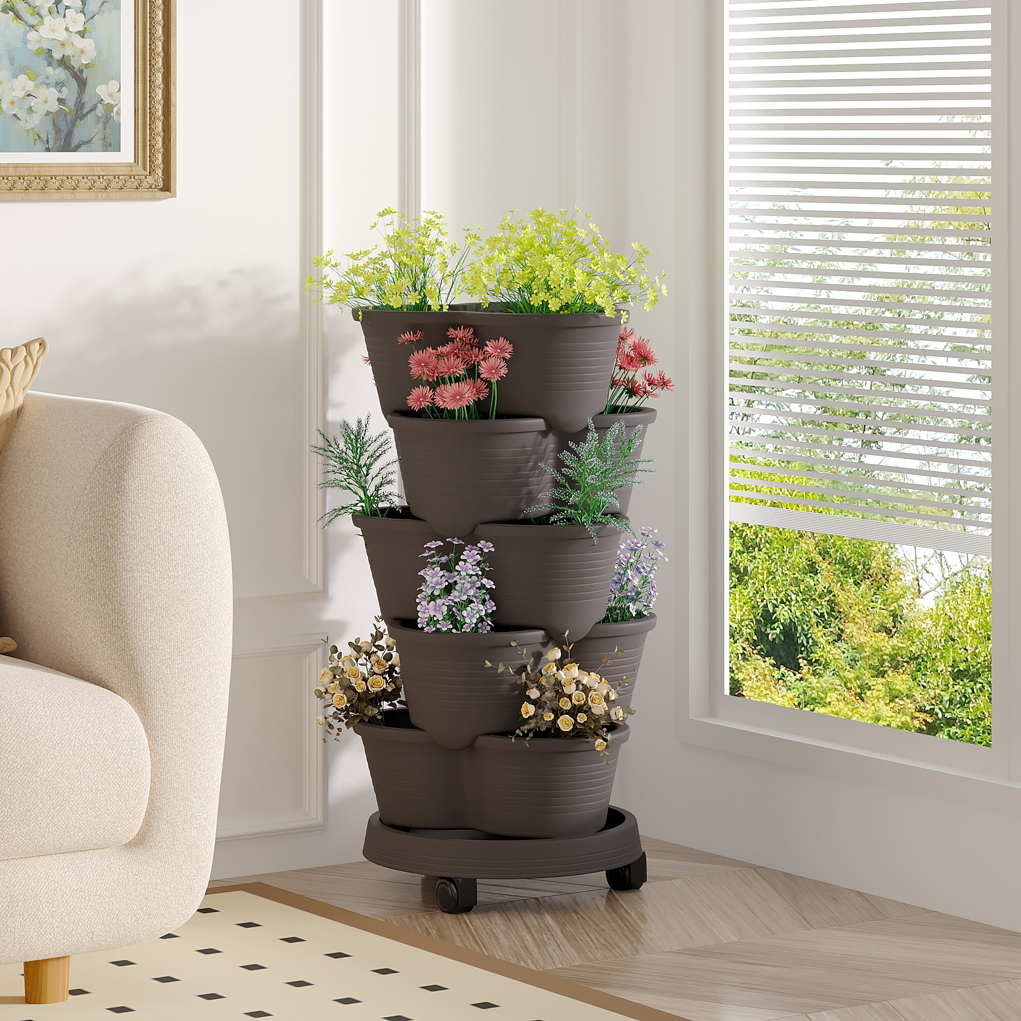 VECELO Stackable Planters 5 Tier Vertical Gardening Planter, Stackable Garden Tower Indoor Outdoor Pot For Strawberries, Flowers, Herbs, Vegetables With Removable Wheels, Dark Gray
