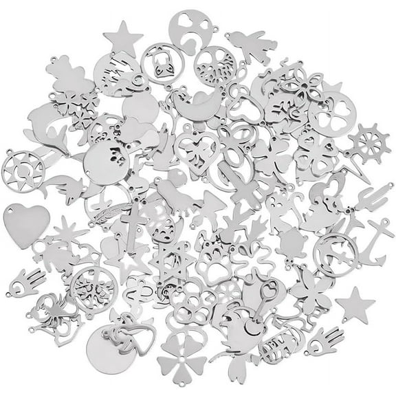 1 Set 100Pcs 304 Stainless Steel Pendants Mixed Shapes Charms Heart Star Cross Owl Paw Prints Flower Pendant for Earring Necklace Bracelet Jewelry Making