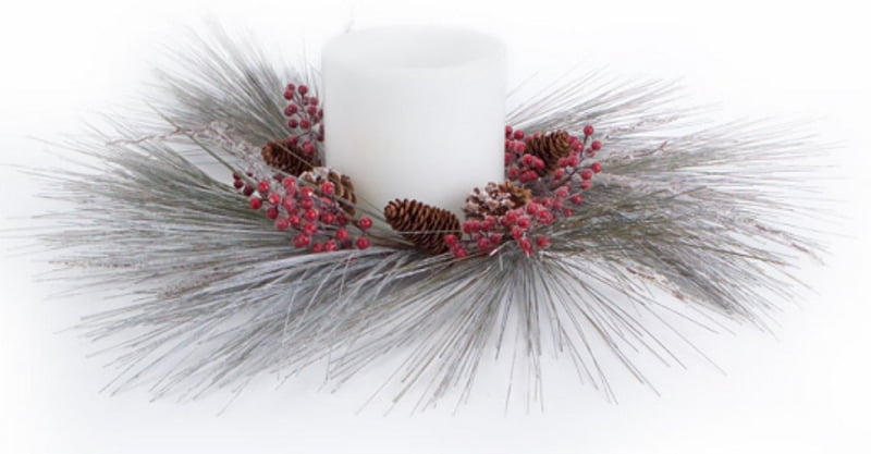 Red Winter Berry & Frosted Pine Cone Tea Light Candle Holder holds 4 tealights - 48cm Woodland/Nordic Style - 