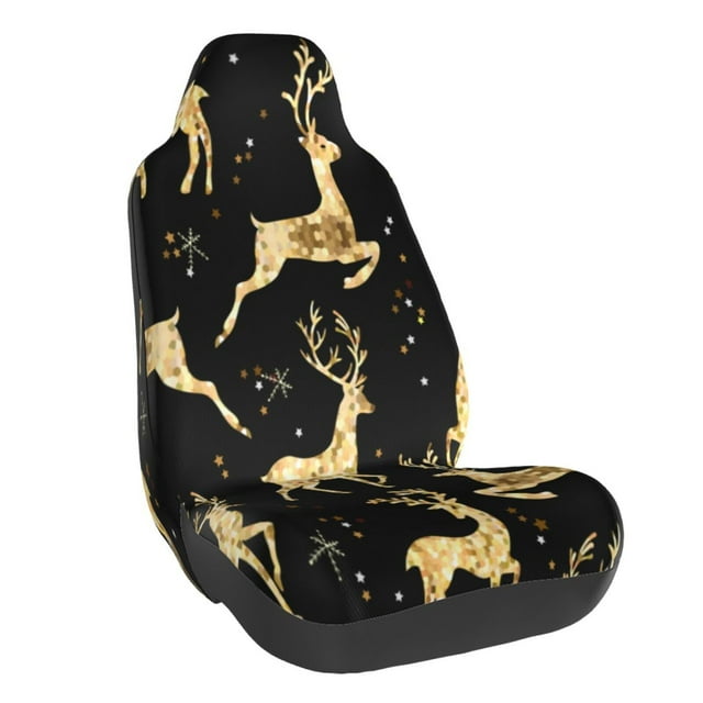 Wukai Christmas Gold Deers Full Set Car Seat Covers with Soft Padding Universal Auto Front Seats Protector and Cushion Mat