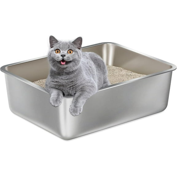 Stainless Steel Litter Box -4in High Side,Metal Litter Box for Cat/Kitty/Rabbits 17.8"L x 13.8"W x 4"H，Stainless Steel Cat LitterBox-Metal PanToilet,No Smell, Non Stick, Easy Clean.