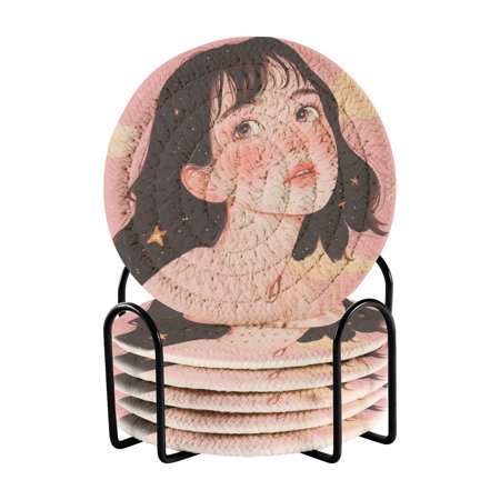 

6 coil coasters 3.94x3.94x0.24 inch water coasters Drink coasters with cup holders Absorbent coasters Heat resistant for bar protection Cute Girl with Black Hair