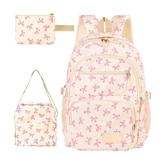 3-Pcs Bow Print Backpack Set With Lunch Box Bag And Pencil Case, Multi Compartment Lightweight Daypack For Teenagers Daily Errands School And Outdoor Walks (Pink)