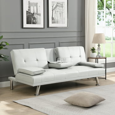 Sofa Bed With Armrest Two Holders Wood Frame, Stainless Leg, Futon White Pvc