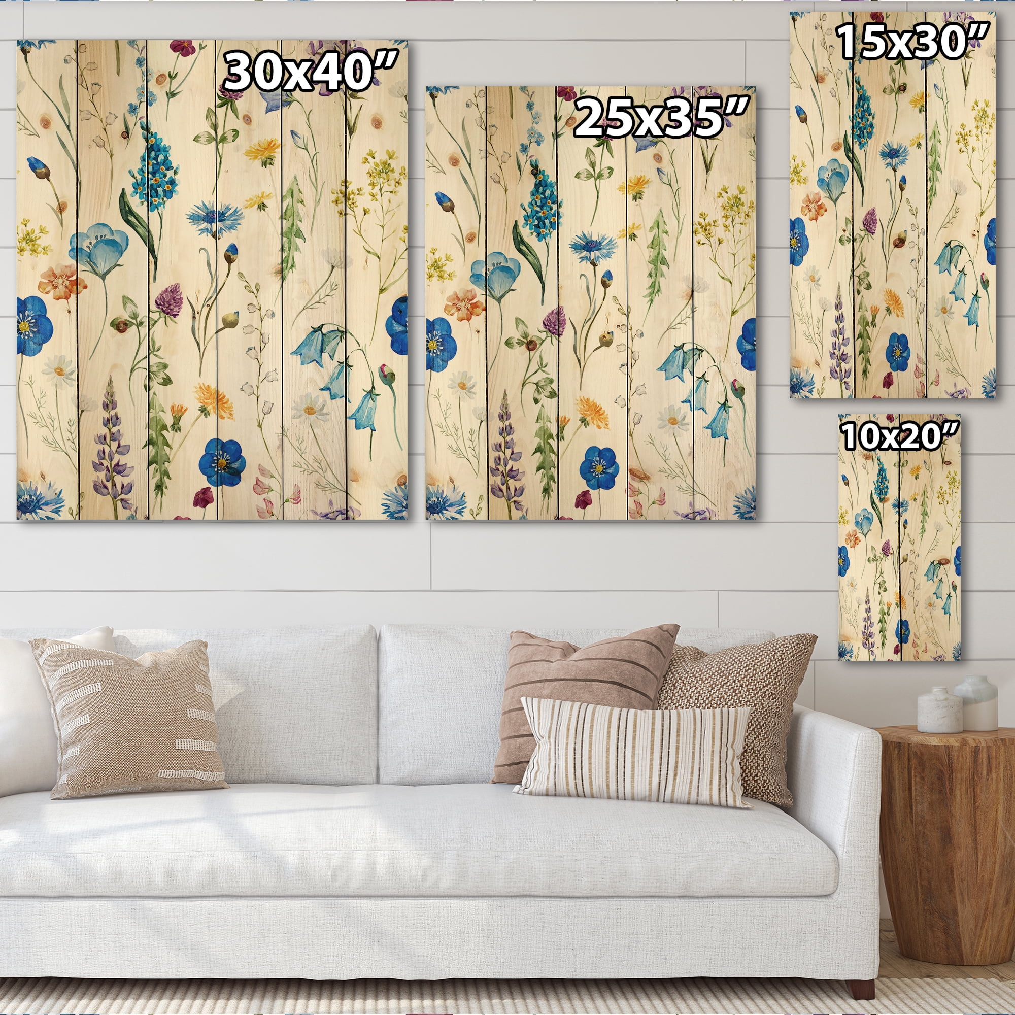 Designart 'Blue Wildflowers With Leaves I' Traditional Print on Natural Pine Wood
