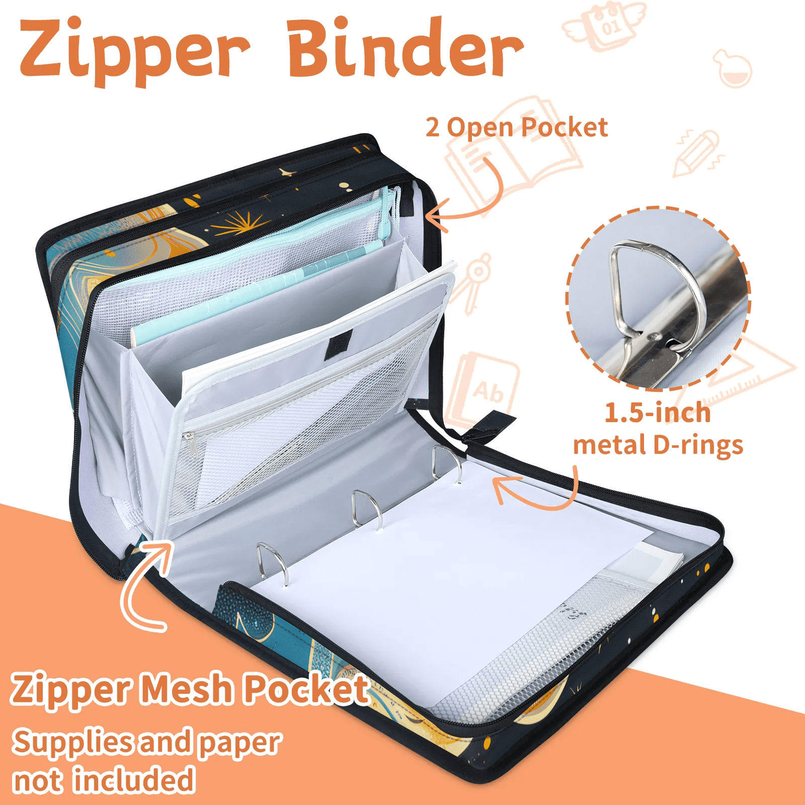 Herdesigns Outer Space Zipper Binder 1.5 Inch 3 D-Rings with Shoulder Strap & Handle, Waterproof Galaxy Star Binder Organizer Bag for 13 Inch Laptop