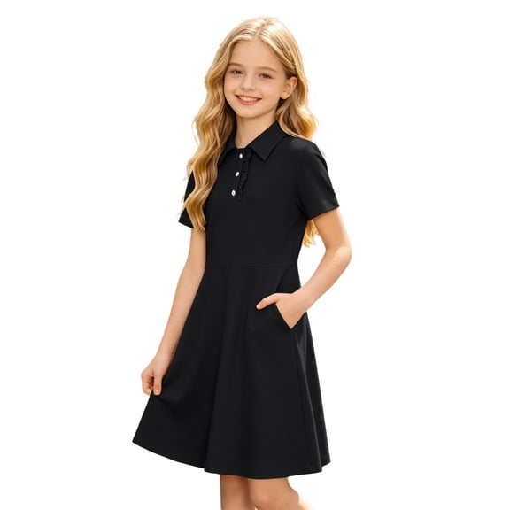 Girl' Dresses Lapel Short Sleeve Pocket Solid Print Polo Neck Dress Back To School Casual Active School Uniform for Girls Size 5-6 Years