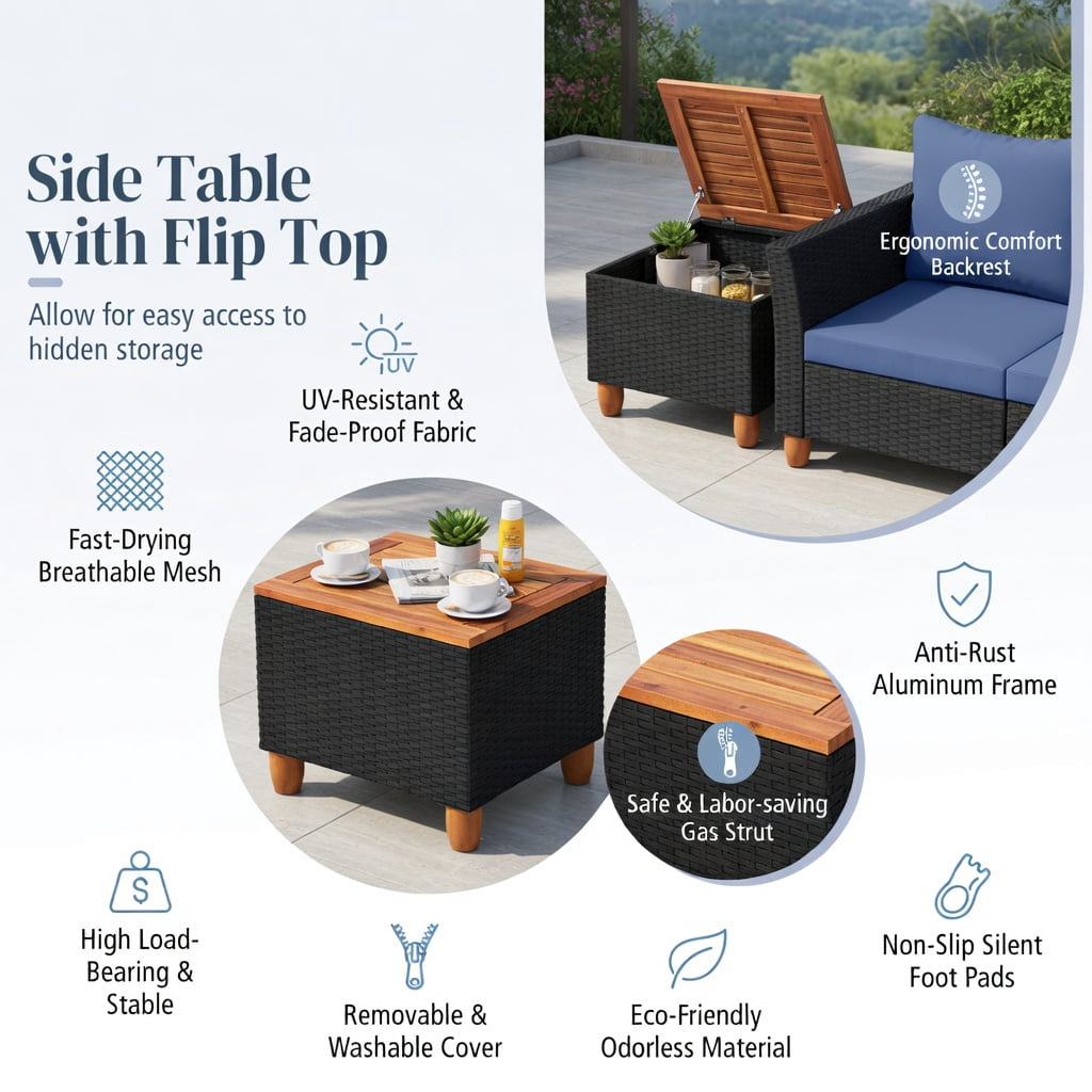 Hommoo 3-Piece Outdoor Rattan Patio Furniture Set, Acacia Wood Coffee Table & 2 Single Sofas with Removable Cushions, Navy