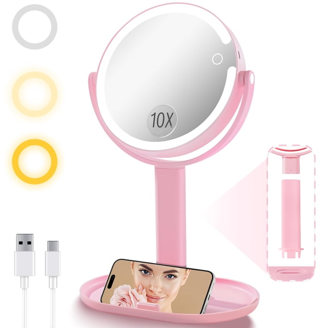 Espejo de maquillaje vpu con luces, aumento de 10 x 1 x 1 x