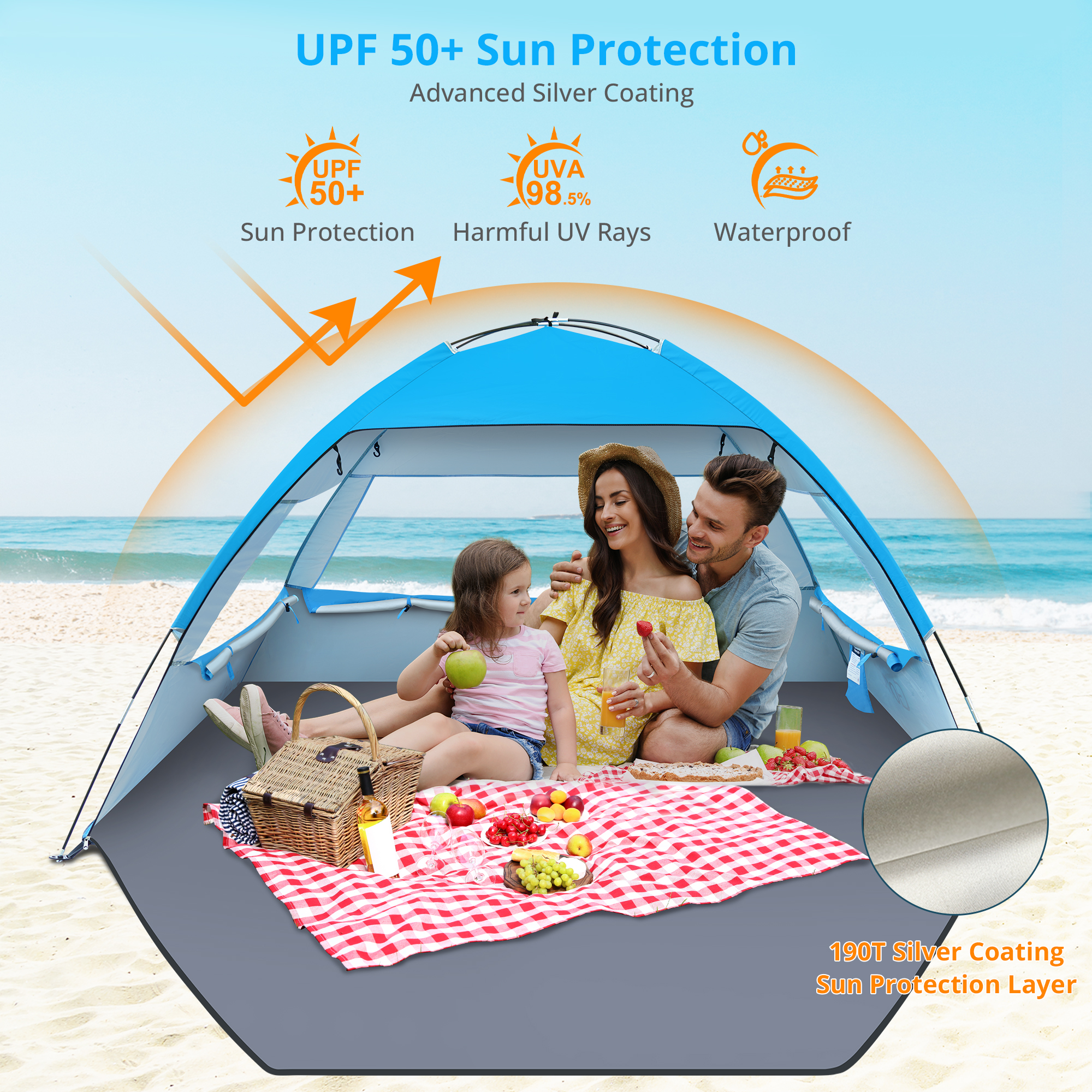 Gorich Beach Tent for 3/4/6/8 Person, UPF 50+ UV Protection, Portable Sun Shelter, Easy Setup Sun Shade Beach Canopy with Carry Bag