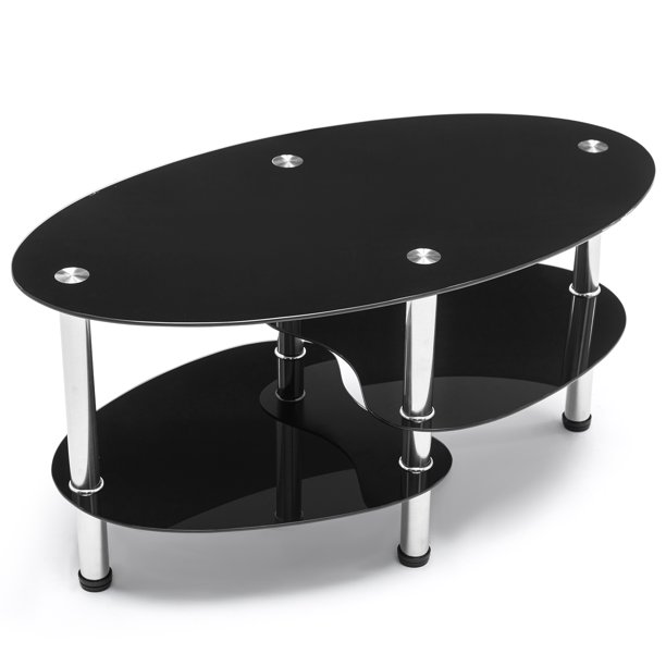 COSVALVE Oval Glass Coffee Table Modern Accent Table Black Corner Table