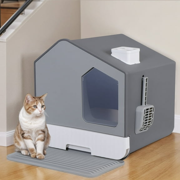 HomGarden Odor-Free Enclosed Cat Litter Box W/ Litter Scoop & Mat & Tray - Privacy and Easy Access