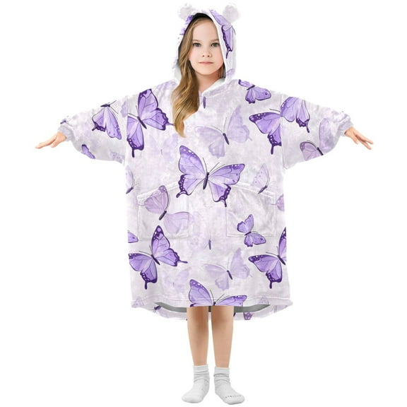 Purple Butterflies Flying Flannel Wearable Blankets Hooded Design Long Sleeves Wrap Unisex for 3T-14Y S