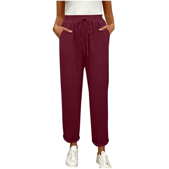Hrsba Straight Leg Workout Pants,Stretch Pants for Women Solid Color Drawstring Elastic Waist Pants with Pockets High Waisted Full Length Casual Trousers for Daily Wear