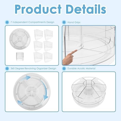 Quivanta 2 Packs Pen Organizer for Desk - Acrylic Pen Holder with Hand Grips, 360° Extra Large Rotating Desk Organizer with 7 Removable Compartments for Office, Home, and Makeup Storage