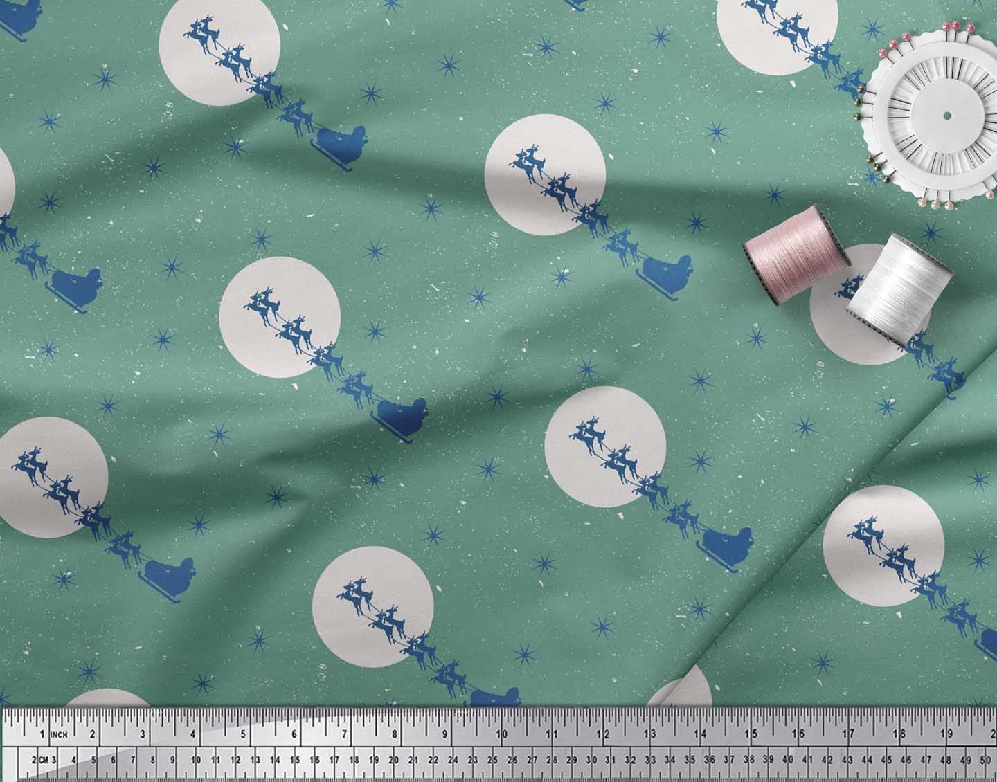Soimoi Green polyester Crepe Fabric Snowflake,Reindeer & Sleigh Christmas Decor Fabric Printed Yard 42 Inch Wide