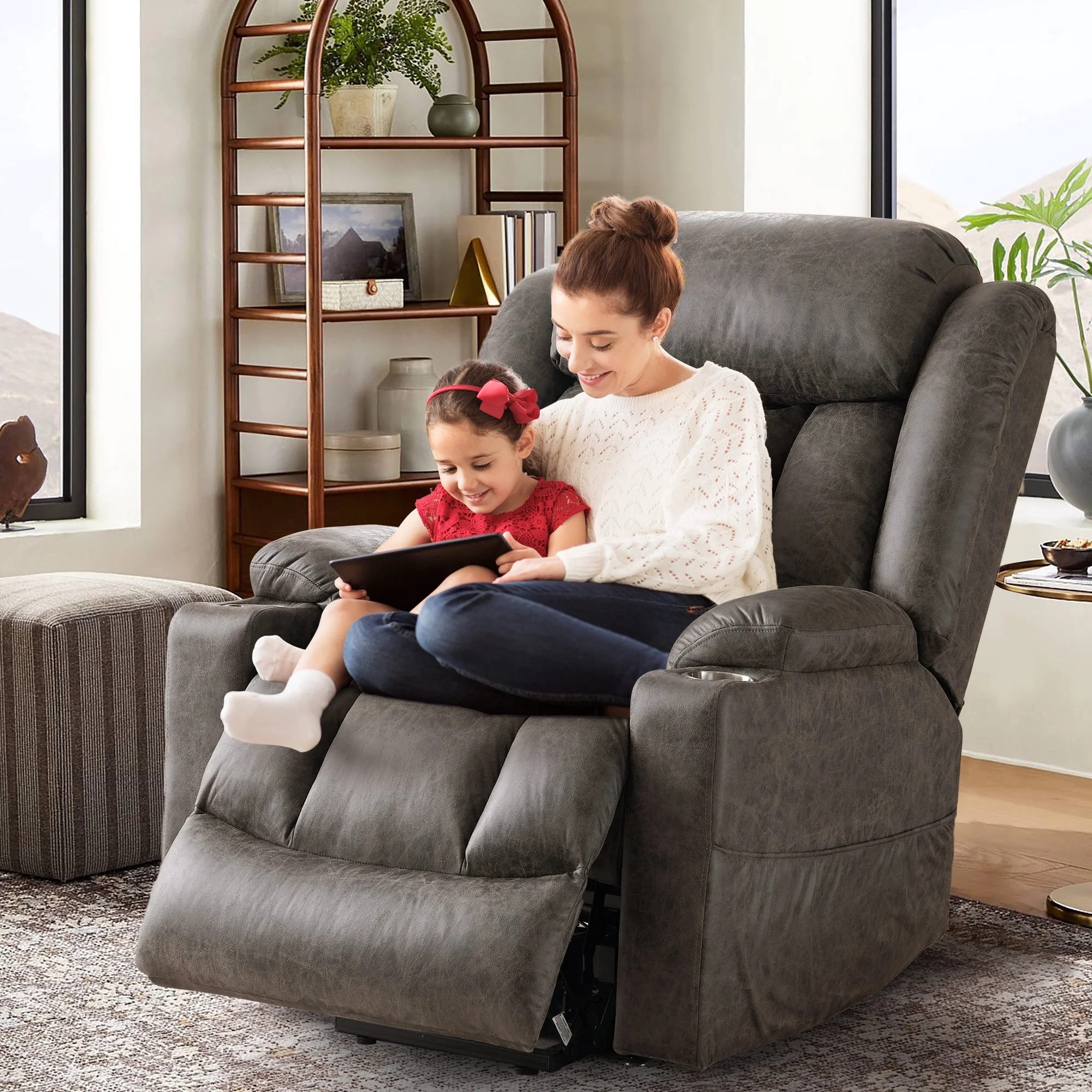 JULY'S SONG Large Power Recliner Chair with Massage and Heat, Overstuffed Wide lift chairs for elderly , Electric Oversized Recliners for Adults, Vegan Leather Grey