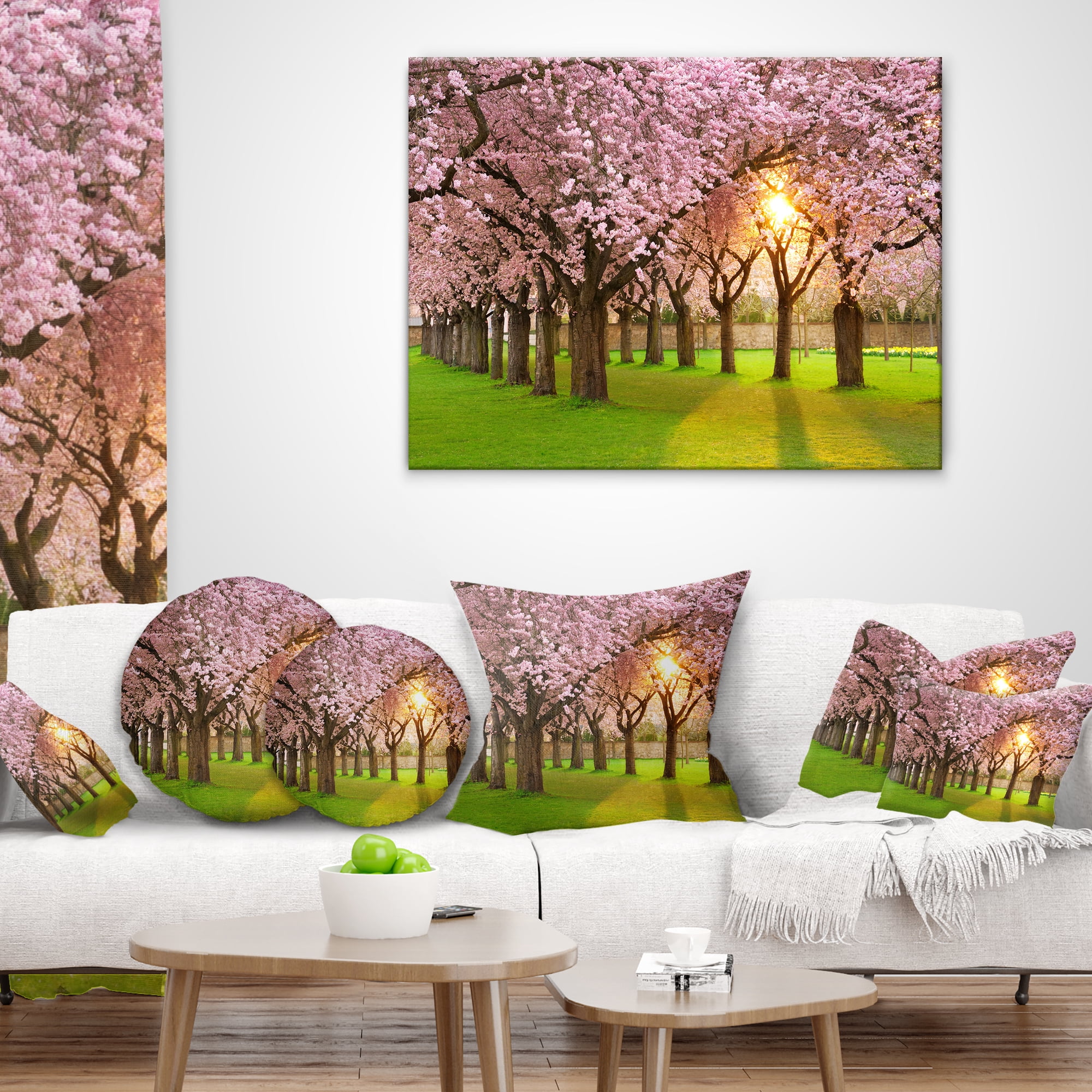 Designart Fascinating Springtime Cherry Scenery - Landscape Printed Throw Pillow - 18x18